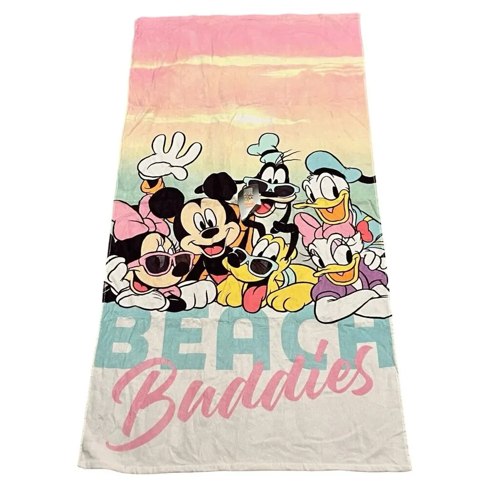 Disney Beach Towel 29x59 Mickey Minnie Pluto Daisy Donald Goofy Buddies Cotton